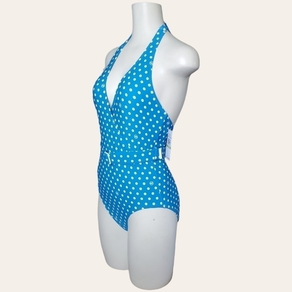 MICHAEL KORS blue Dot Belted Halter One-Piece Swimsuit Size 8 - Picture 3 of 8